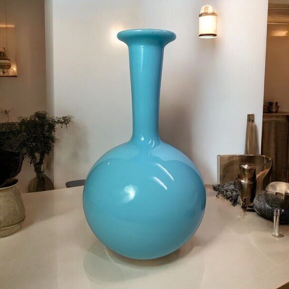 Vintage Mid Century Turquoise Scandinavian Long Necked Bulb Vase Art Deco MCM - Picture 1 of 13